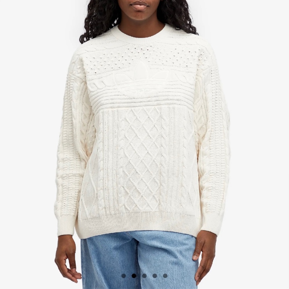 adidas 70s Trefoil Cable Knit Pullover Sweater Womens XL Wonder White JN8318 New